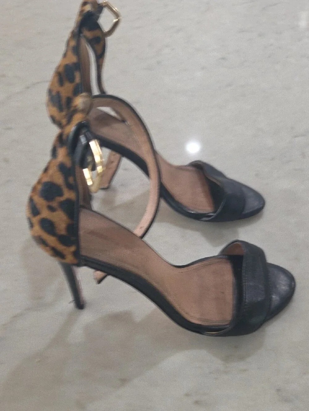 Veronica Beard Black Leather Sandals with Leopard Ankle Straps